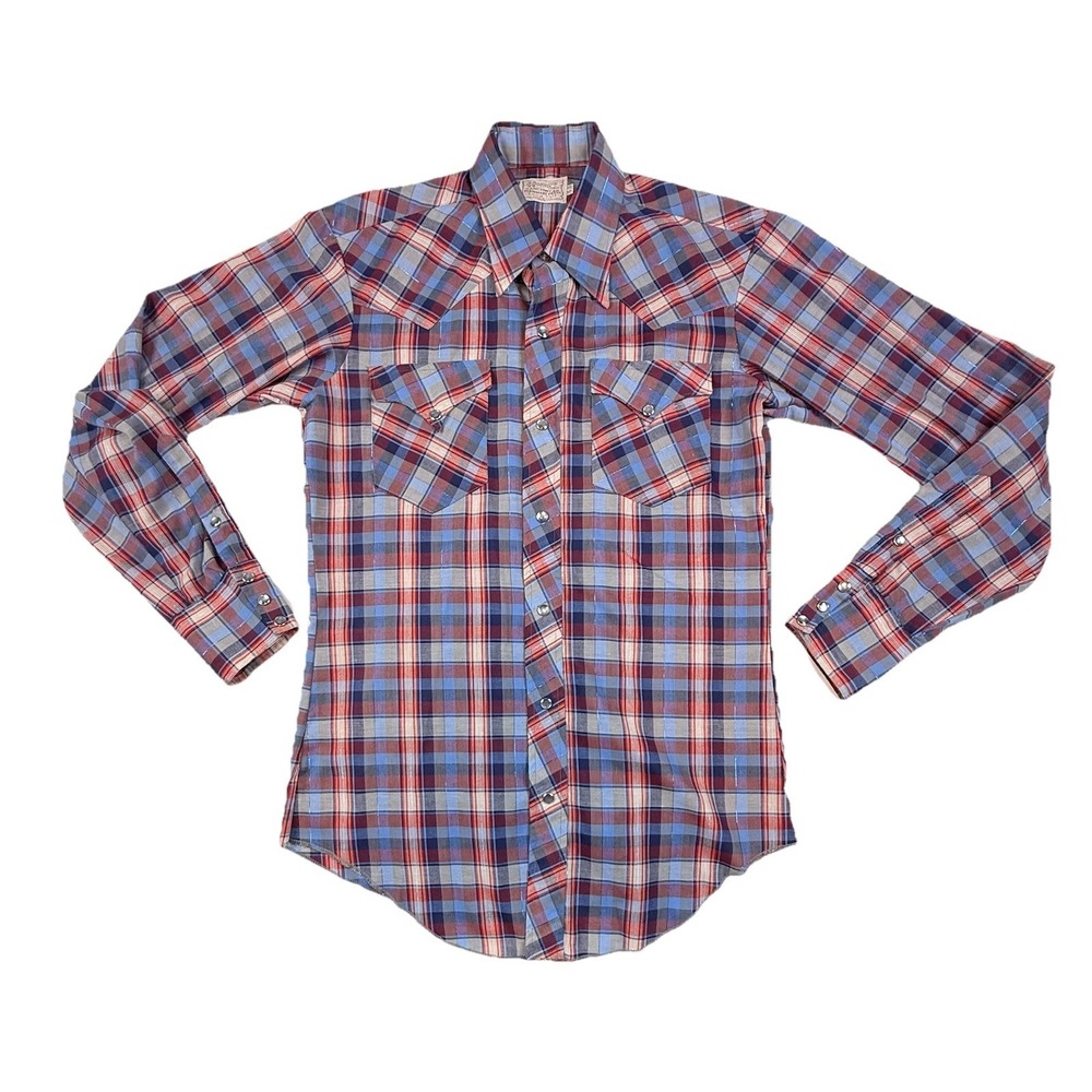 VTG H Bar C Ranchwear Red Blue Plaid Pearl Snap Shirt Long Tail Size Medium